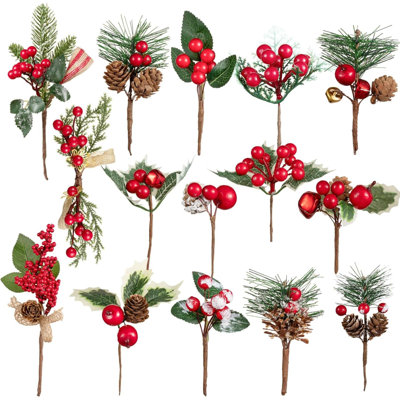 Paquet de 15 piqûres de Noël artificielles assorties, 5 à 10 po, tiges assorties, faux pin, jet avec pommes de pin pour arrangement floral de Noël