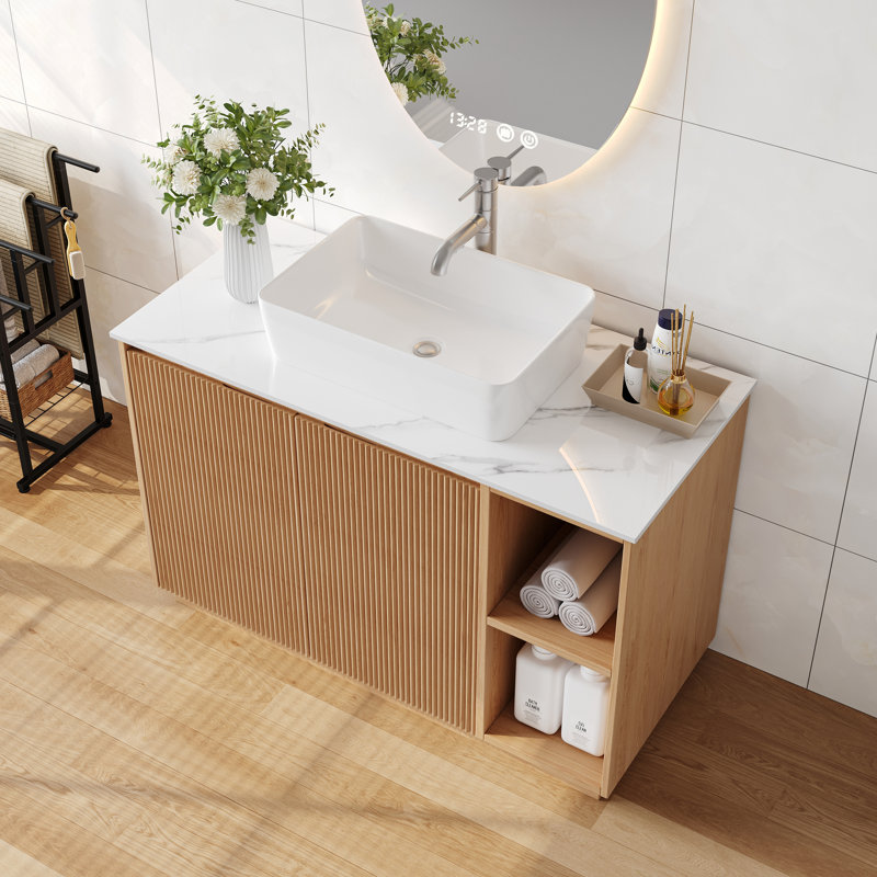 Meuble-lavabo autoportant de 36 pouces avec lavabo vasque en céramique, meuble-lavabo vasque moderne avec drain, tuyaux et quincaillerie, assemblage facile