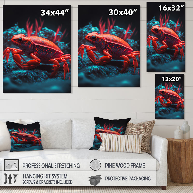 Crabe rouge Kayelyn dans des tons de noir et de bleu I - reproduction sur toile, L 30 po x H 40 po, Toile tendue