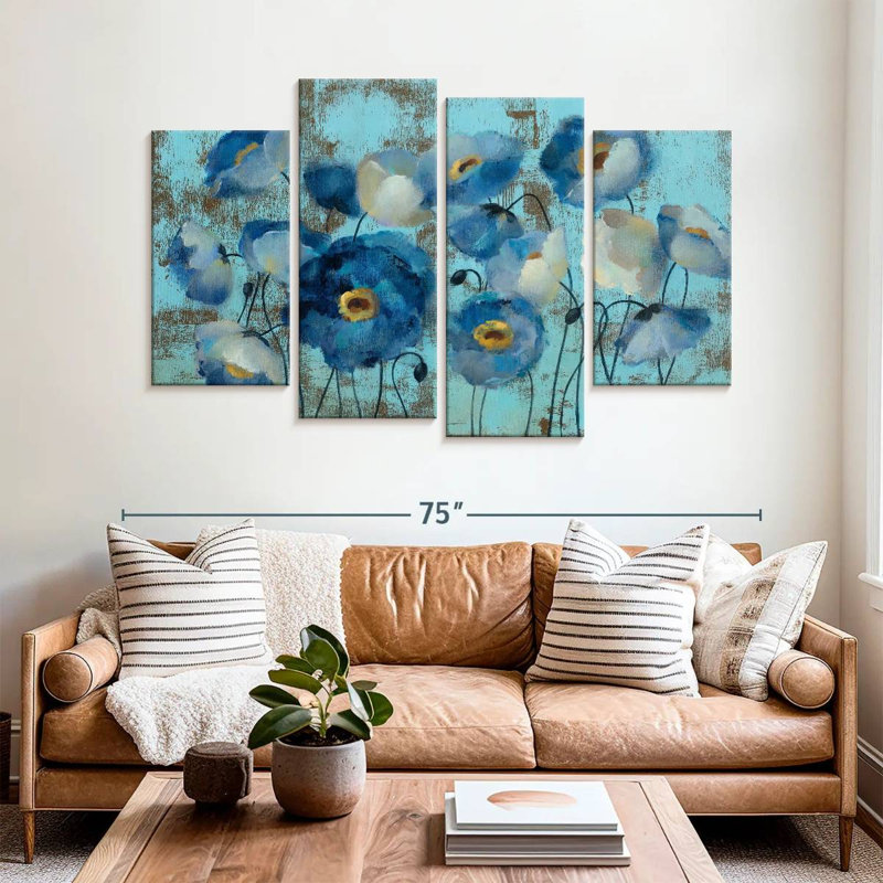 Aquamarine Floral On Blue, H 42 po x l 68 po