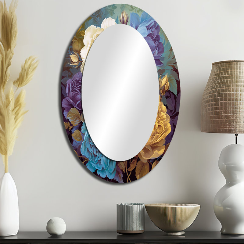 Retro Roses Blooming Pink Blue And White I - Traditional Oval Wall Mirror, 36" x 24"