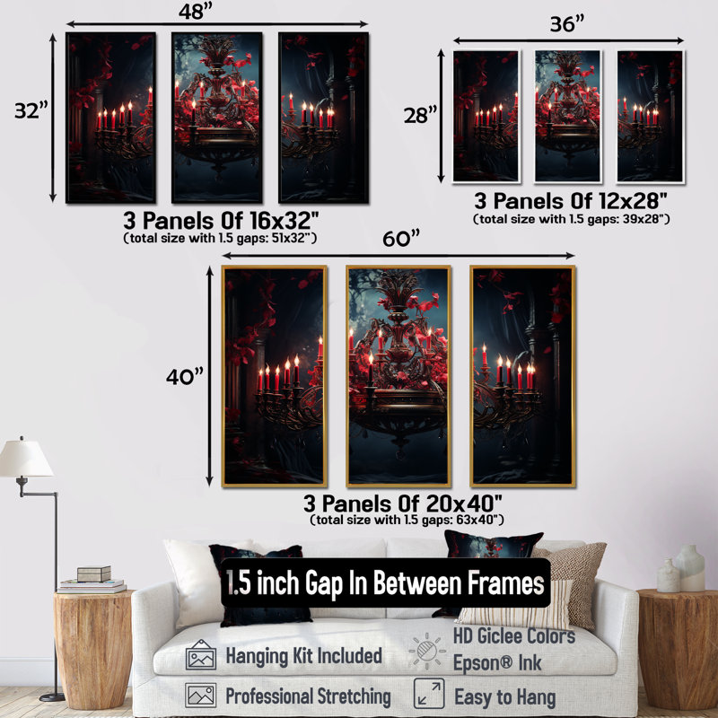 Lustre rouge gothique Grace - art mural lustre, Cadre flottant doré, H 32 po x l 48 po x P 1 po
