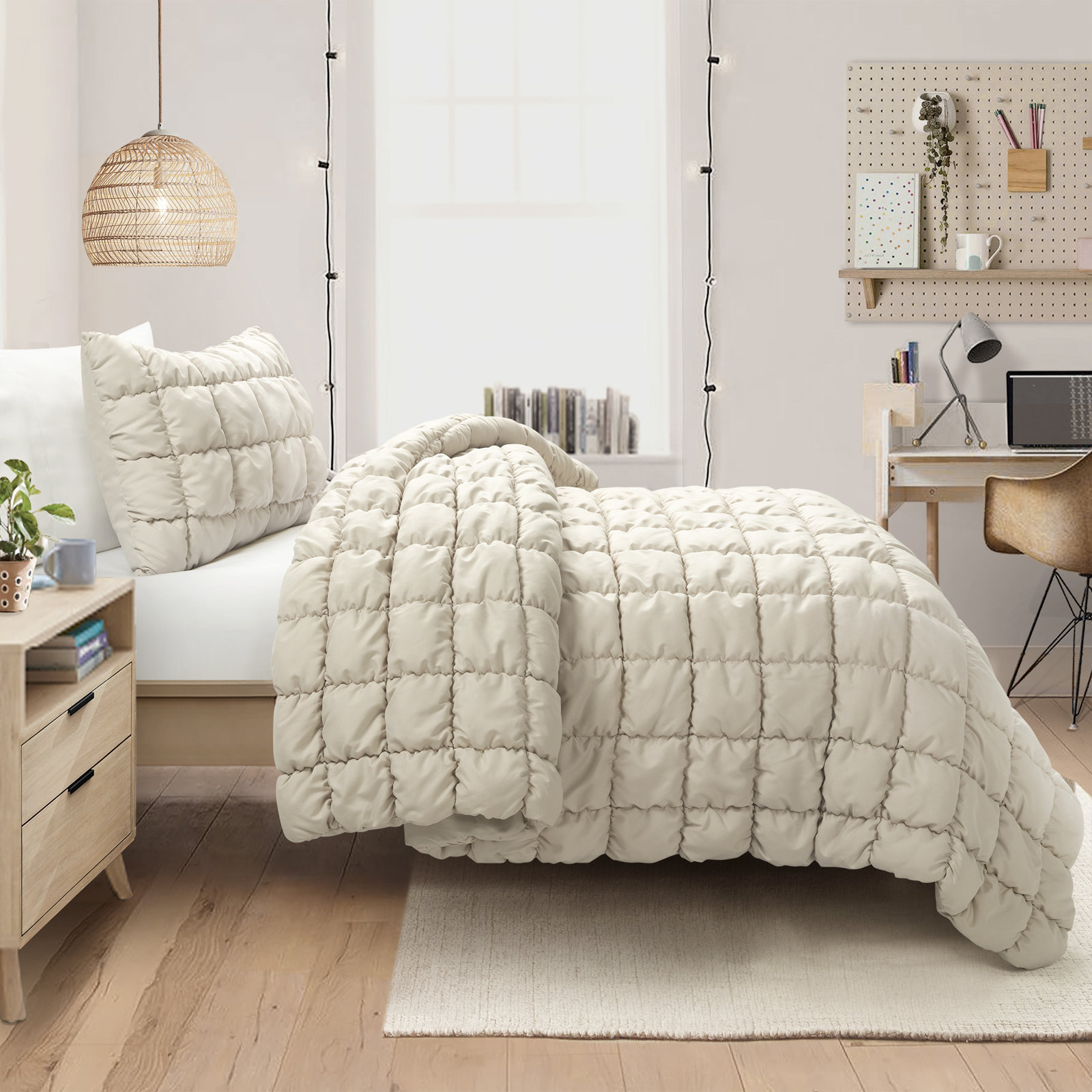 Puff Comforter Set, Twin XL Comforter + 1 Standard Sham, Beige