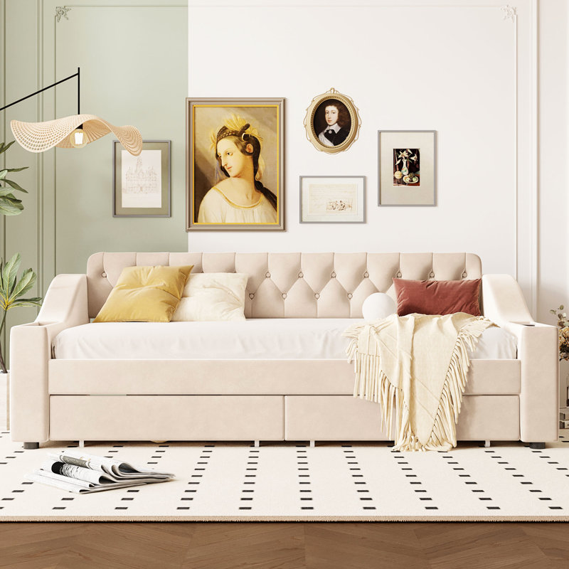 Lit de jour simple avec rangement pour accoudoirs et aspect beige rembourré