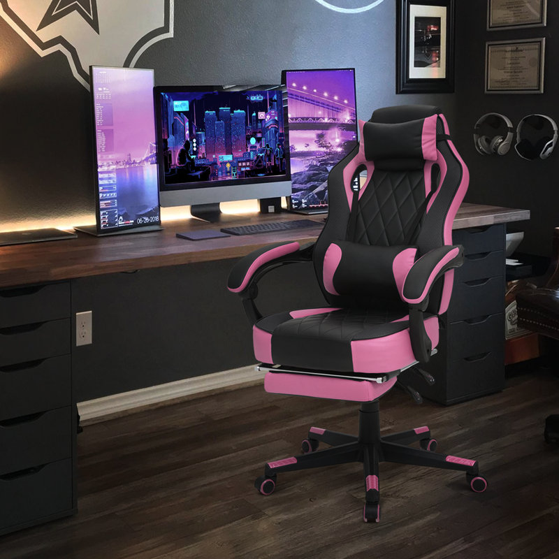 Reclining Computer Chair with Footrest & Detachable Lumbar Support 360 Degree Swivel, Pink
