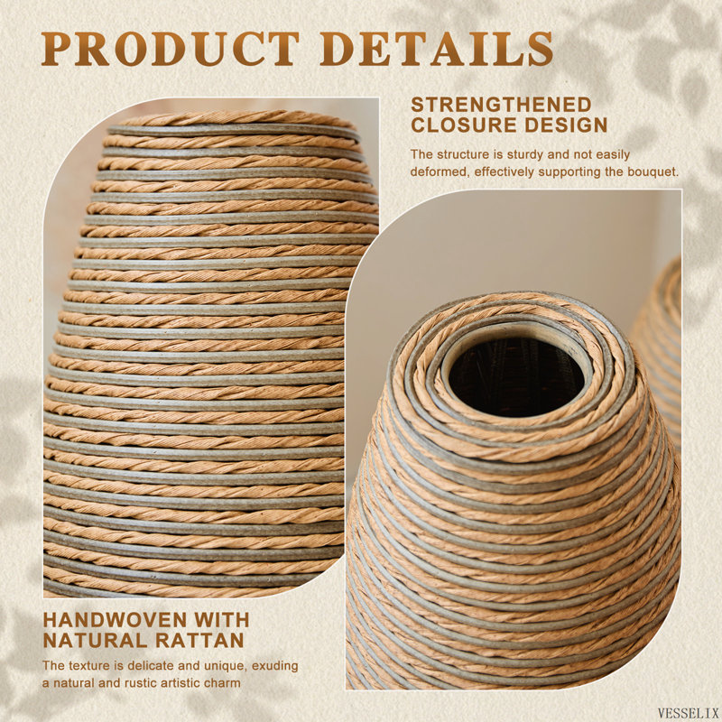 Ensemble de 3 vases de sol artisanaux en PVC, texture naturelle imitant le rotin, 70 cm, 59 cm et 50 cm, beige-brun