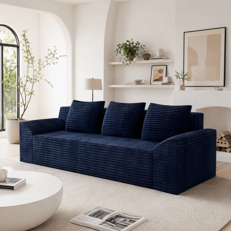 Canapé capitonné en nuage de velours côtelé avec assise profonde, coussins à deux couches, Bleu vieilli