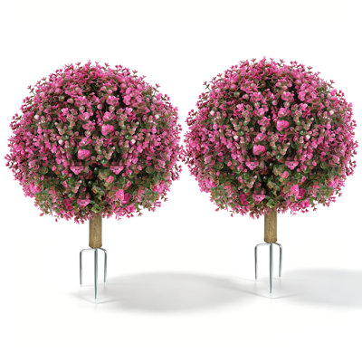 Paquet de 2 arbres topiaires artificiels, plante de buis rose 28 po avec piquet de sol en métal, buisson de fleurs artificielles pour la décoration du patio