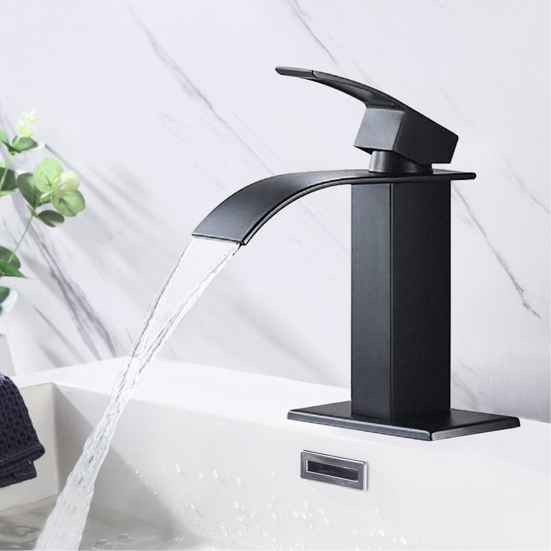 Waterfall Spout Single Handle Bathroom Faucet, Stainless Steel Interior, Matte Black Faucet With And Handle, Steel,