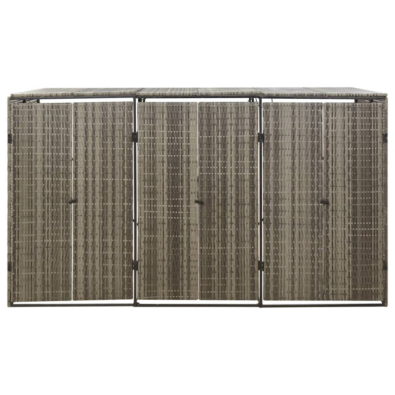 Gray Poly Rattan Triple Bin Shed with Steel Frame