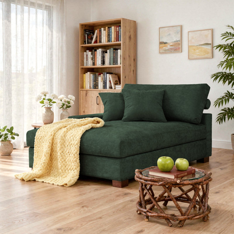 Chaise longue surdimensionnée rembourrée en chenille verte avec accoudoirs et coussins décoratifs, Vert, Face à la gauche
