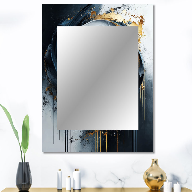 Black Gold Abstract Shapes And Lines V - Modern Rectangular Wall Mirror, 40" x 30"