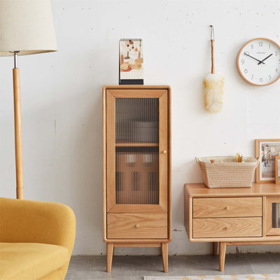 Solid Oak Storage Cabinet For Living Room With Vintage Glass Door, 2 Shelves, 1 Drawer, And Brass Handle