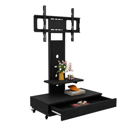 Chariot de télévision mobile de 32 à 75 pouces avec tiroir coulissant et roues verrouillables, support noir pour le salon, les bureaux de la chambre à coucher, + tiroir en métal à réglage horizontal 10 Up Down 30, sur roulettes