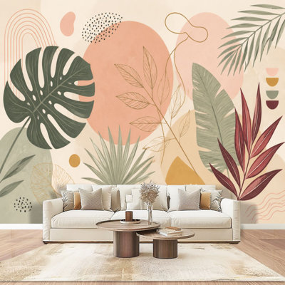 Papier peint adhésif pelez et collez feuilles botaniques abstraites formes organiques couleurs pastel art mural auto-adhésif et amovible
