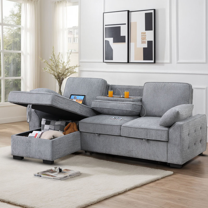 Aurora 91.5 " Reversible Chenille Upholstered Sleeper Sofa Bed with Storage Chaise, Light Gray