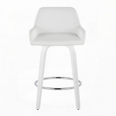 Tabouret de bar pivotant à hauteur fixe en bois blanc et similicuir blanc avec repose-pieds ronds chromés, lot de 2