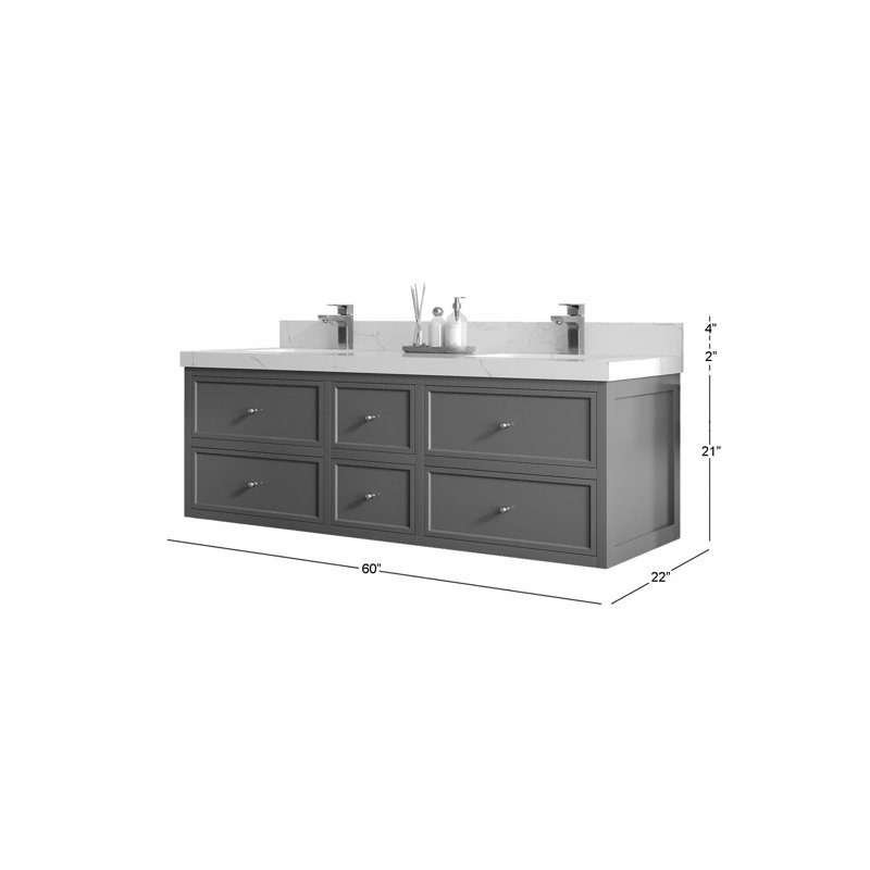 Meuble-lavabo double flottant 60 po avec dessus Roswell, Or Calacatta