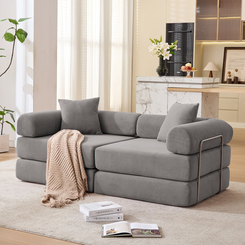 Canapé-lit modulaire pour appartement, conception convertible avec accoudoirs amovibles et matelas pliant, aucun assemblage requis, velours côtelé gris foncé