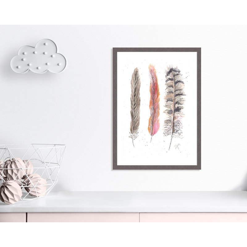 Art juvénile, plumes de plumes II, H 36,5 po x l 26,5 po x P 0,6 po, Encadrement fil du bois gris