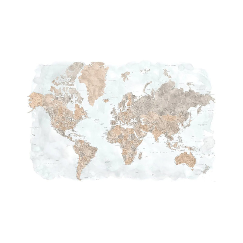 Carte du monde à l'aquarelle très détaillée, giclée sur toile tendue avec galerie Calista, H 12 po x l 18 po