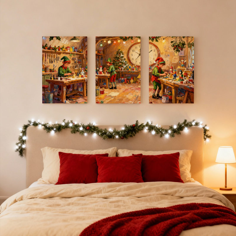Ensemble de 3 tableaux sur toile « Atelier des lutins de Noël », H 18 po x l 36 po