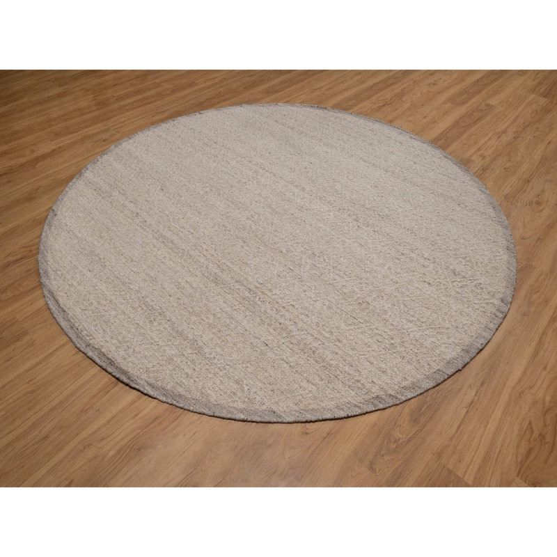 Tapis brun castor 8 pi x 8 pi, motif moderne panaché noué à la main, laine naturelle non tissée, tissage plat empilé, ton sur ton, texturé, rond, tapis oriental
