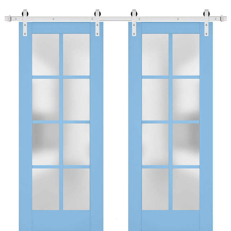 Porte de grange double robuste avec vitrage dépoli Veregio 7412 Aquamarine, supports de rail de 13 pi, portes intérieures à panneaux pleins et lourds - 64 po x 80 po (2 x 32 po x 80 po) - Rail argenté