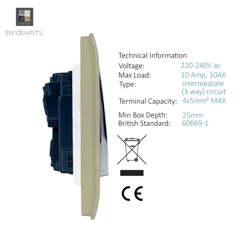 Trendi Switch 2 Gang Rocker Light Switch (1x 1 or 2 way & 1x Intermediate), Champagne Gold