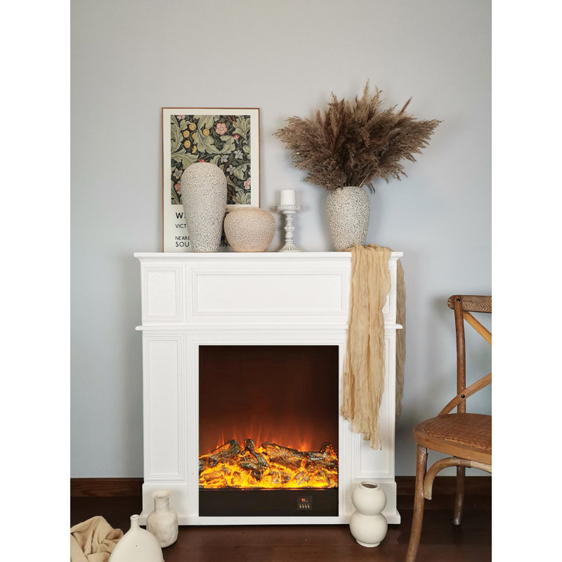 Foyer électrique rétro français avec flammes simulées, H 39,37 po x l 39,37 po x P 10,63 po, Blanc