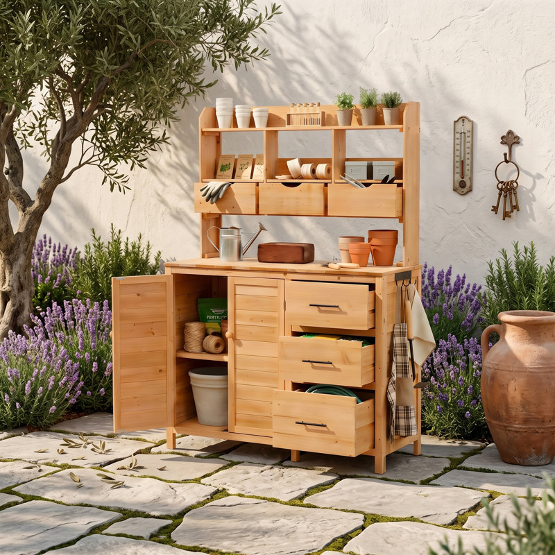 Banc de rempotage extérieur avec 6 tiroirs, armoire à tablettes réglables, crochets latéraux et plan de travail spacieux pour le jardin