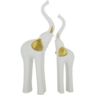 Porcelain Ceramic Elephant Decorative Sculpture Home Decor Statues, Set Of 2 Accent Figurines 4"W, 14"H, Gold