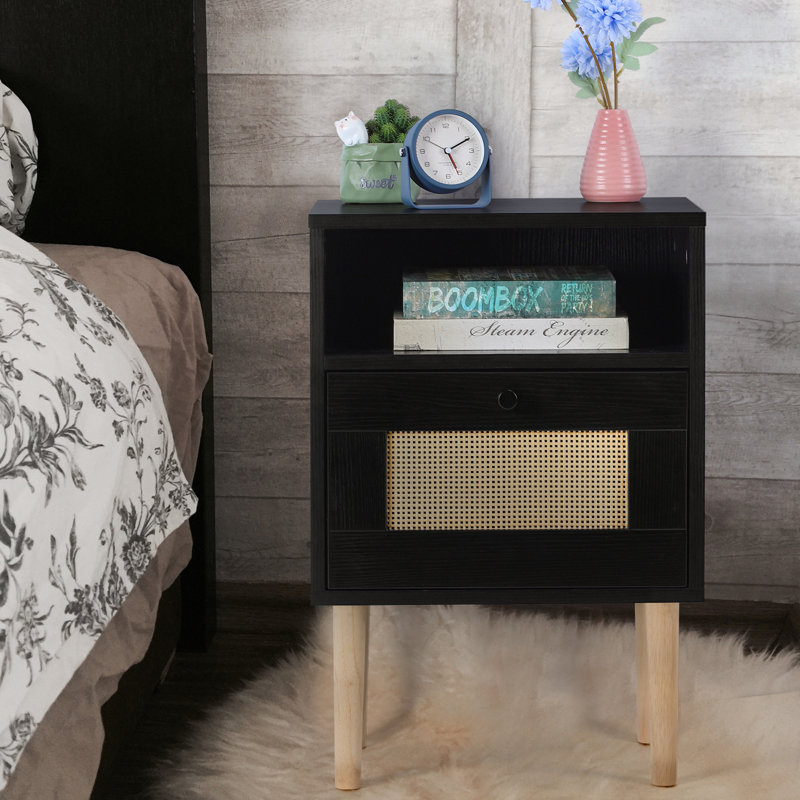 Table de bout rectangulaire en bois massif et manufacturé Josefin avec rangement en rotin , Noir, noir, noir, noir