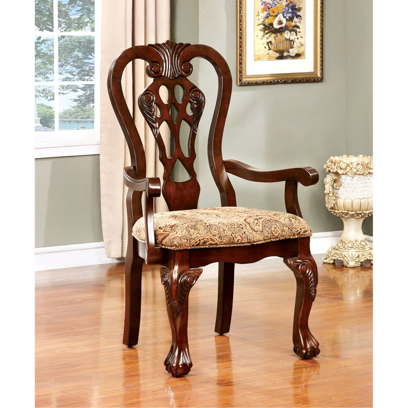 Fauteuils de style traditionnel 2, salle à manger, cerisier en bois massif, siège en tissu brun, dossier complexe avec imprimé et pattes de 2 pièces, dossier, tissu imprimé,