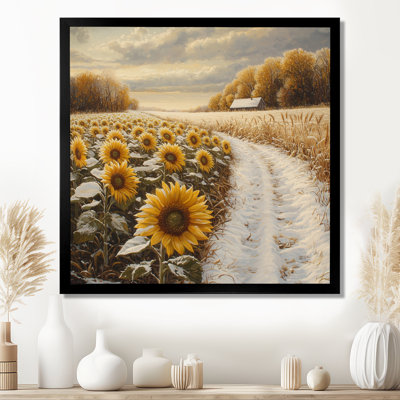 Donnitta tournesols le long du chemin enneigé I - Art mural de tournesols pour le salon