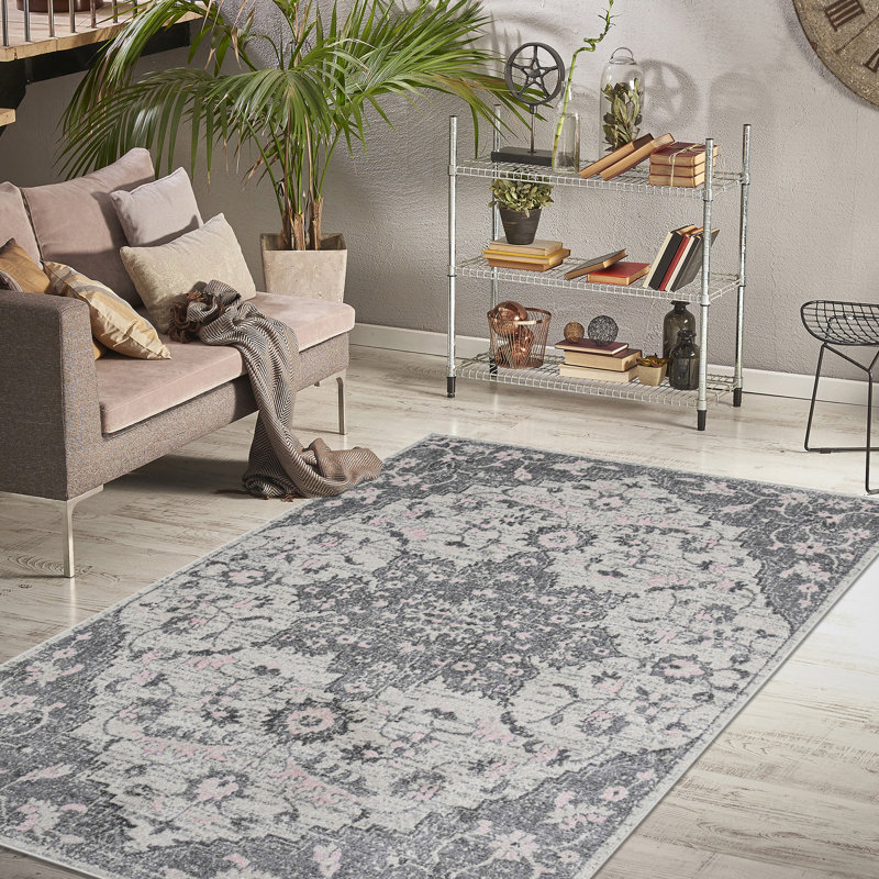 Nieve Traditional Medallion Durable Performance Gray/ Light Pink Area Rug, Rectangle 5'3" x 7'6"