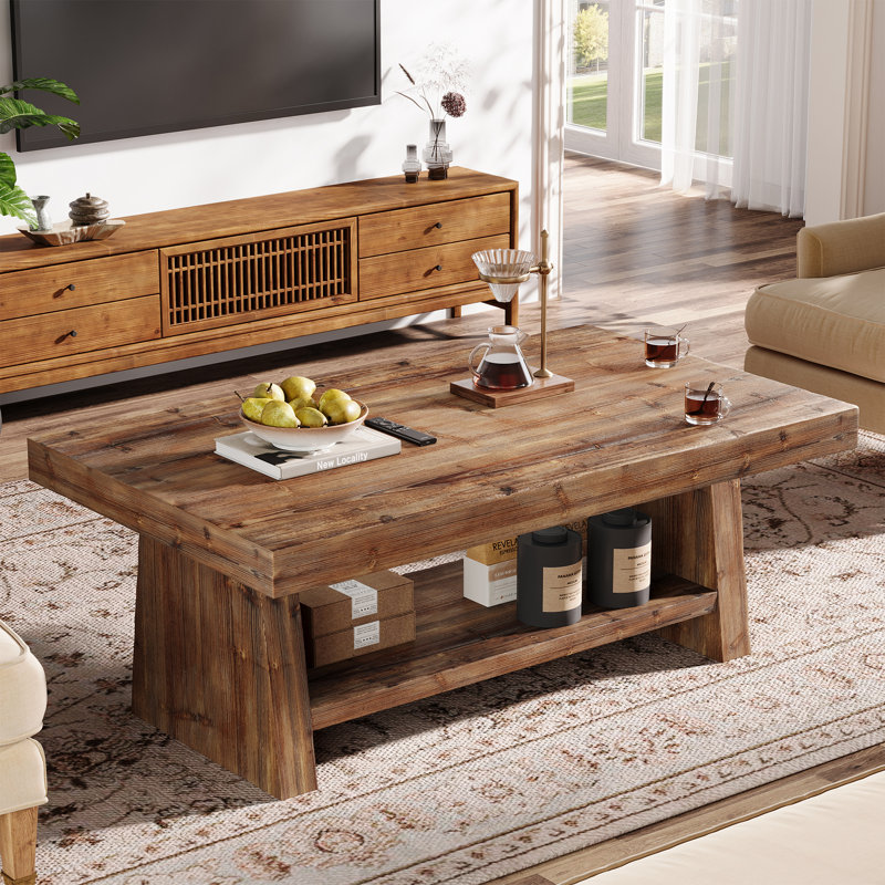 Rectangular Solid Wood Coffee Table, 47-inch Real Wood Center Table With Storage, Carbonized Light Brown