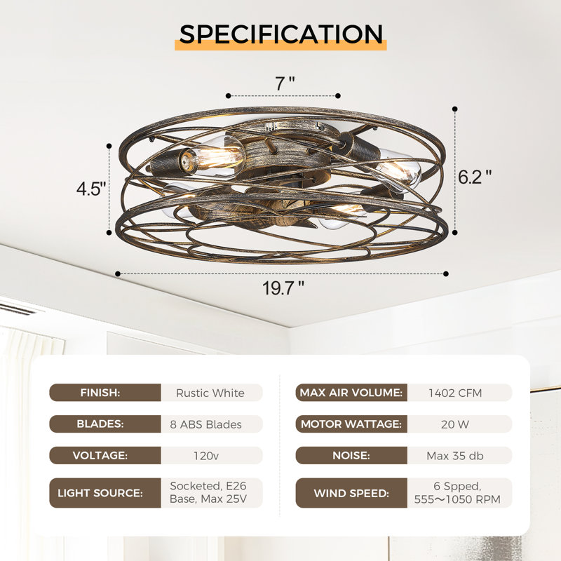 Ventilateur de plafond 20 po à profil bas avec ensemble d'éclairage et télécommande, Or noir