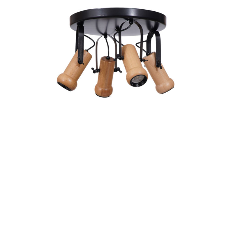 Lustre élégant en métal avec capuchon en bois, finition noire et chêne, hauteur totale: 10,2 pouces | Plaque de base de 13,8 po | 4 x douilles 10 W GU10 (ampoule non incluse) | Parfait pour les salles à manger et les espaces de vie modernes, solution d'éclairage élégante