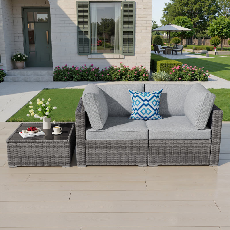 Canapé de patio modulaire en osier avec coussin et table basse, Gray