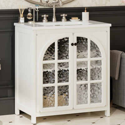 Meuble-lavabo de ferme 31 po avec lavabo en céramique 31 po, armoire de salle de bain rustique rétro avec poignées en bronze et 2 portes à fermeture en douceur