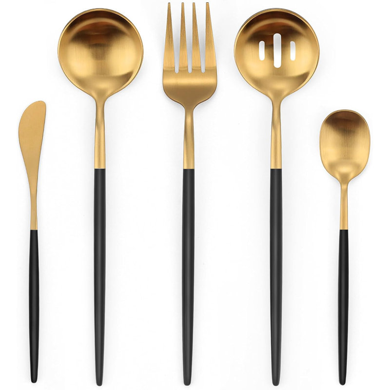 Ensemble d'ustensiles de service en acier inoxydable - 5 pièces avec cuillères, fourchette, couteau, Noir, noir, noir, noir
