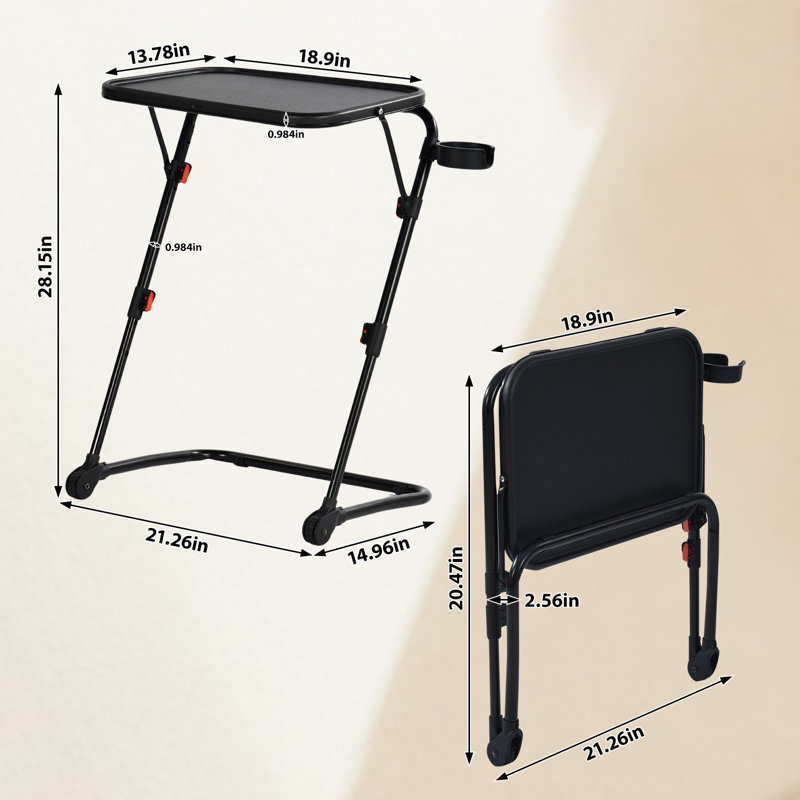 Table-plateau pliante avec porte-gobelet, 4 hauteurs réglables et 3 réglages d'angle, surface en PP de luxe noir de 18,9 po x 13,78 po, structure en acier lisse, pliable et portable, idéale pour regarder la télévision, manger, chevet, canapé et dive