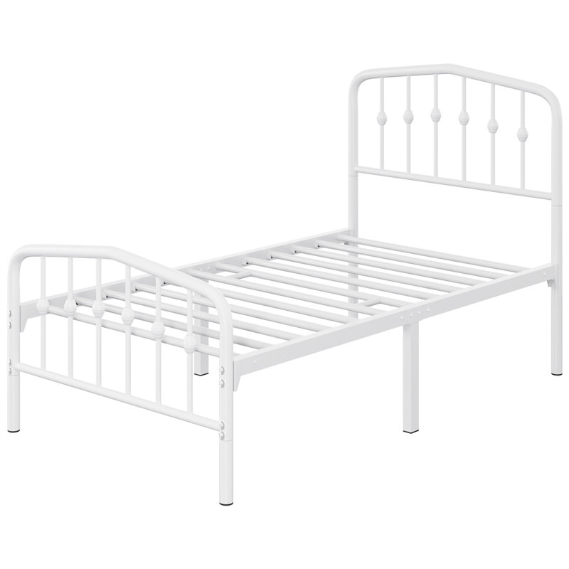 White Twin Metal Platform Bed with Victorian Headboard and Footboard