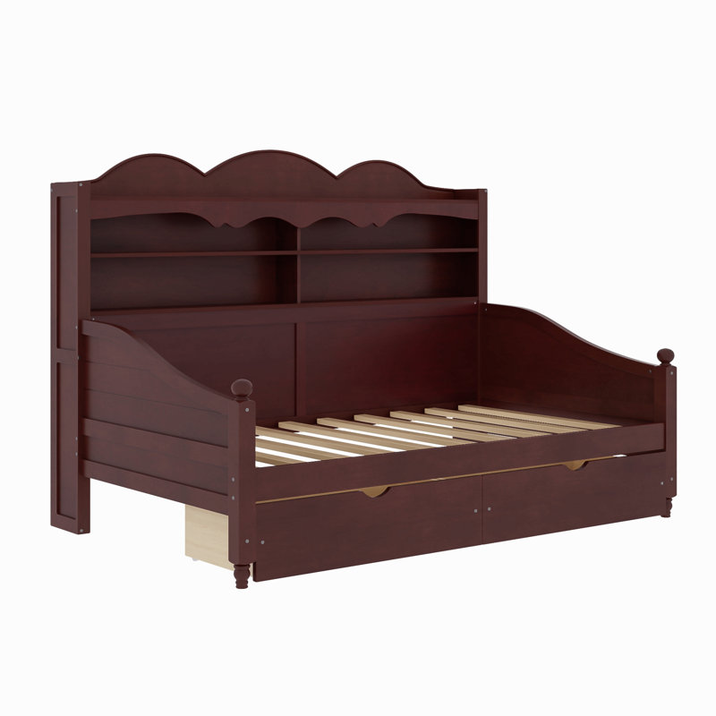 Twin Daybed With Storage Drawers, Wooden Twin Day Bed With Storage Headboard Shelving, Retro Style Daybed For Bedroom,Living Room,Guest Room