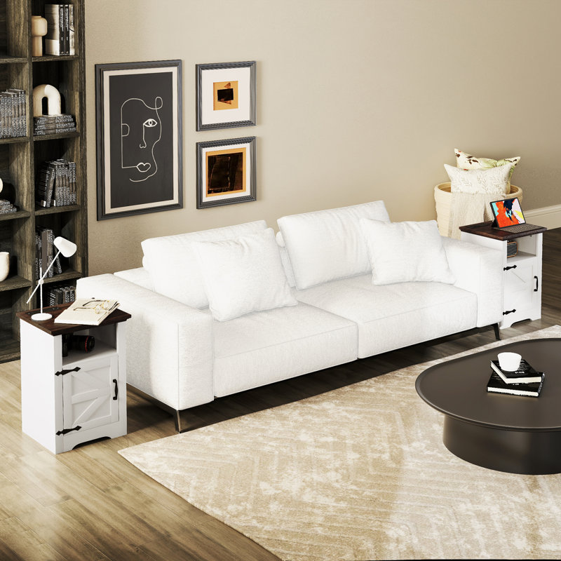Side Table Set of 2, Nightstand Set with Charging Outlets, White