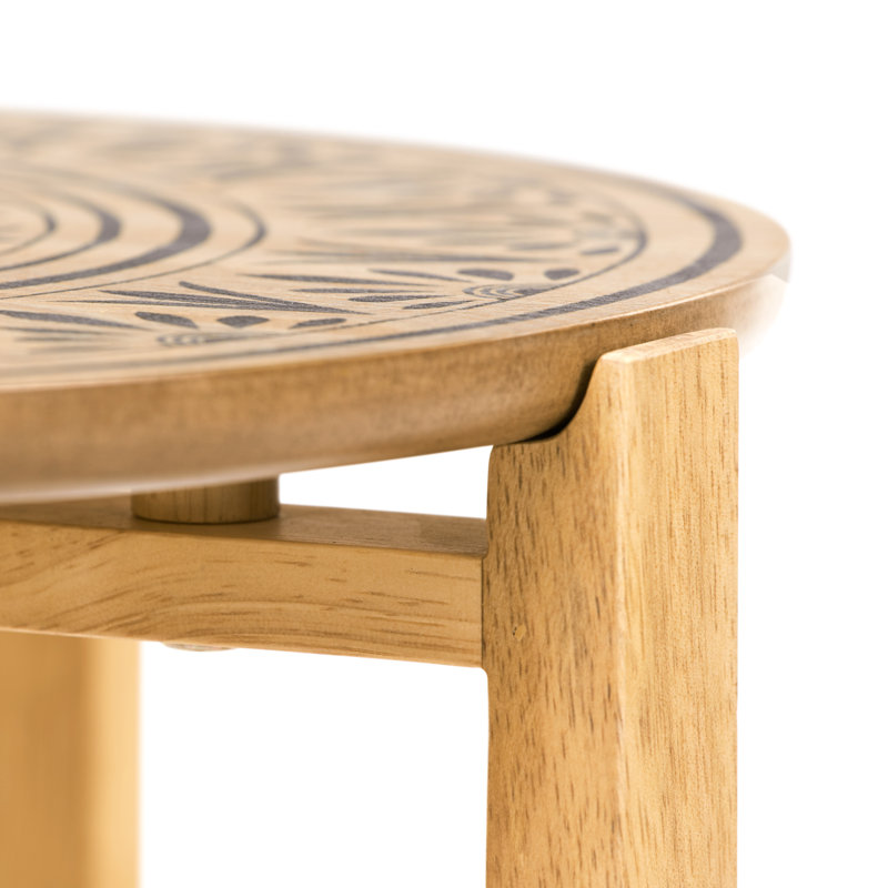 Natural Wood and Metal Round Coffee Table with Floral Design