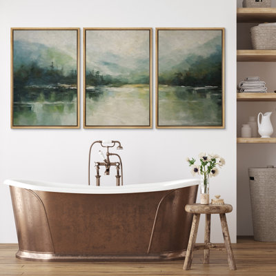 Abstract Landscape Faux Texture Emerald Green Mountain Lake Framed Canvas 3 Pieces Print Wall Art