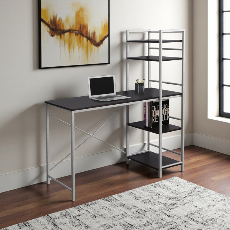 Nembus Contemporary 4-Shelves Dark Brown Finish Computer Desk, 54.83" H X 47.11" W X 18.21" D, Dark Brown