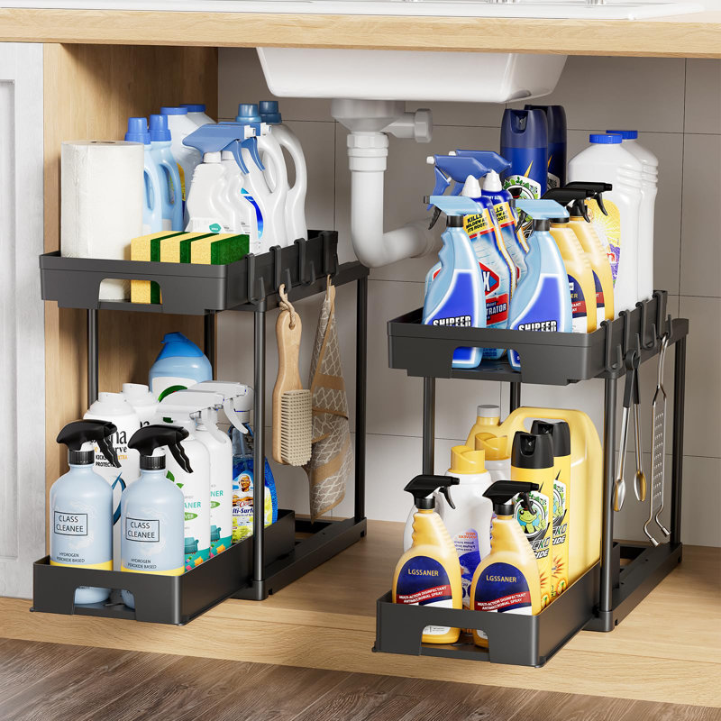 2Pack Under Sink Organizers And Storage, 2 Tier Pull Out Kitchen Bathroom Cabinet Organizer, Under Sink Storage For Bathroom Kitchen, Under Counter Storage Organizer With 8 Hooks